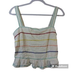 Forever 21 Rainbow White Ric-rac Trimmed Cotton Linen Ruffle Top Size L
